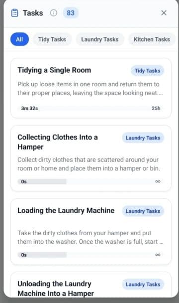 Lista de tarefas disponíveis para gravar no app